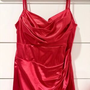 🌟2 for $10 Windsor Women’s Red Satin Midi Dress Cowl Neck Ruched Built-In Cups S